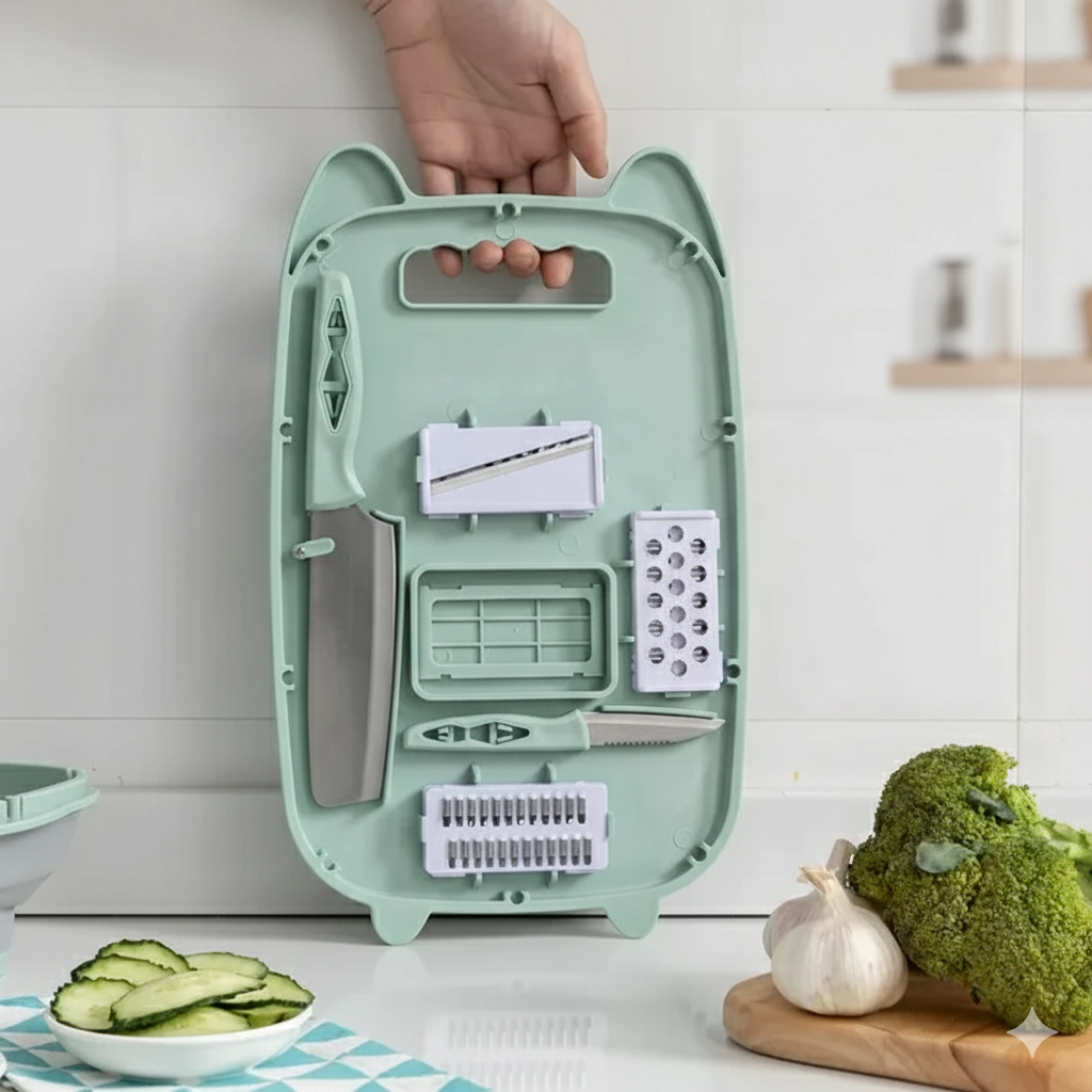 Tabla de Picar Multifuncional 9 en 1 con Drenaje y Cuchillas Intercambiables – YG-725