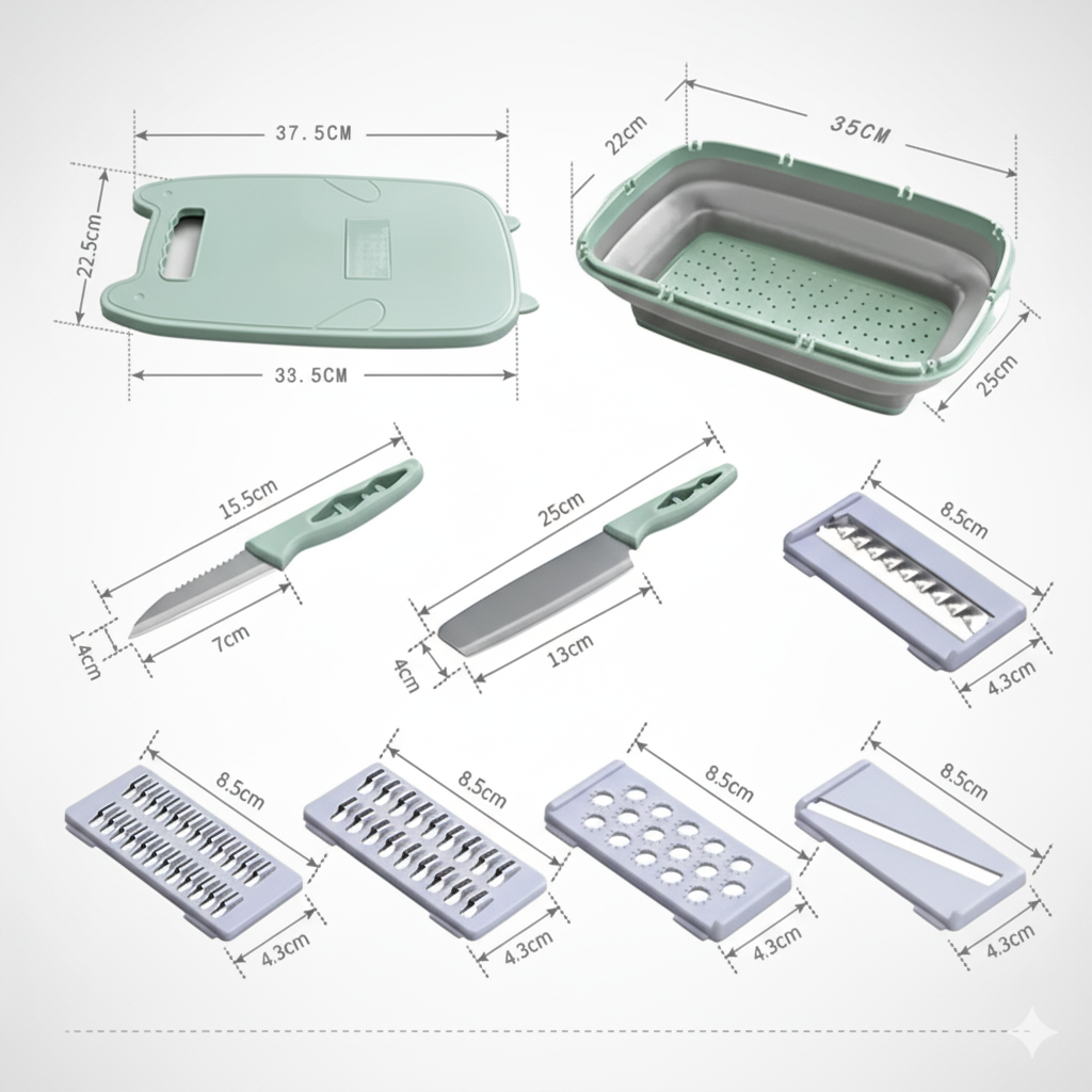 Tabla de Picar Multifuncional 9 en 1 con Drenaje y Cuchillas Intercambiables – YG-725